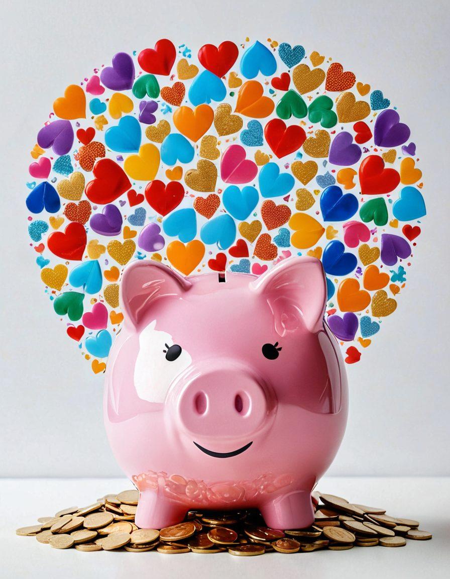 A heart-shaped piggy bank with coins spilling out, symbolizing love and savings. Surround it with diverse couples happily shopping together, each using resourceful discount coupons. In the background, create a blend of hearts and dollar signs floating in the air, emphasizing harmony between relationships and financial wisdom. Colorful and cheerful atmosphere, highlighting unity and smart consumerism. super-realistic. vibrant colors. white background.