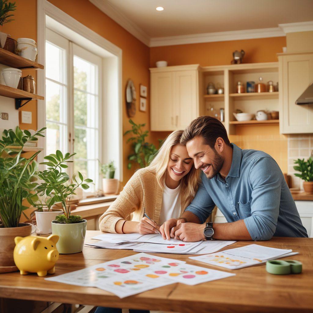A harmonious scene depicting a happy couple reviewing insurance documents together at a cozy kitchen table. Surround them with symbols of love, like heart-shaped icons, and money-saving items such as piggy banks and discount coupons. The background should showcase a blend of warm colors, illustrating both financial stability and affection. Add small plants for a touch of freshness. super-realistic. vibrant colors. cozy atmosphere.