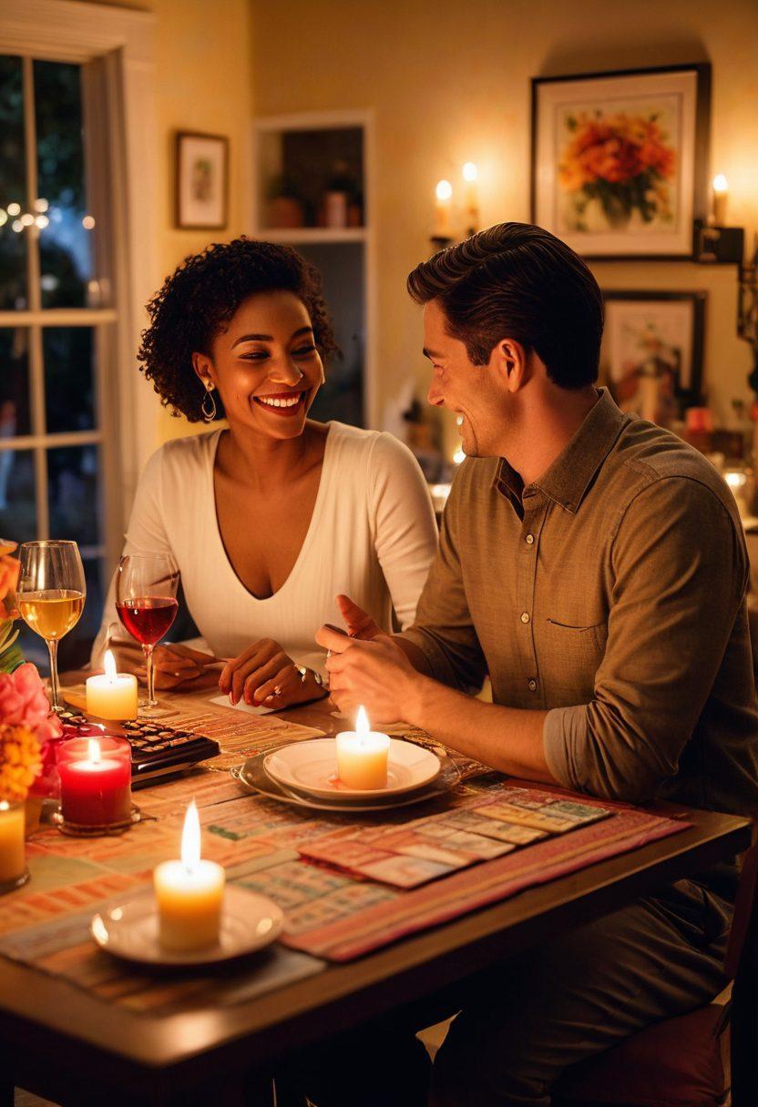 A cozy scene featuring a couple enjoying a candlelit dinner with a stylish calculator and shopping bags nearby, symbolizing the balance between romance and savings. The background includes a calendar with budget plans and discount coupons, creating a warm, inviting atmosphere. The couple is smiling, engaged in a loving conversation, highlighting happiness in financial responsibility. vibrant colors. soft lighting.